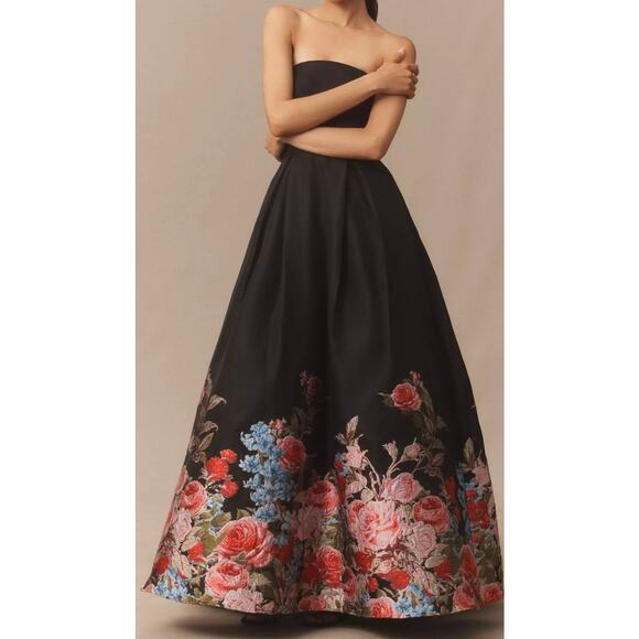 Mac Duggal Black Floral Brocade Bottom Strapless Maxi Dress Sz 2 - Picture 1 of 12